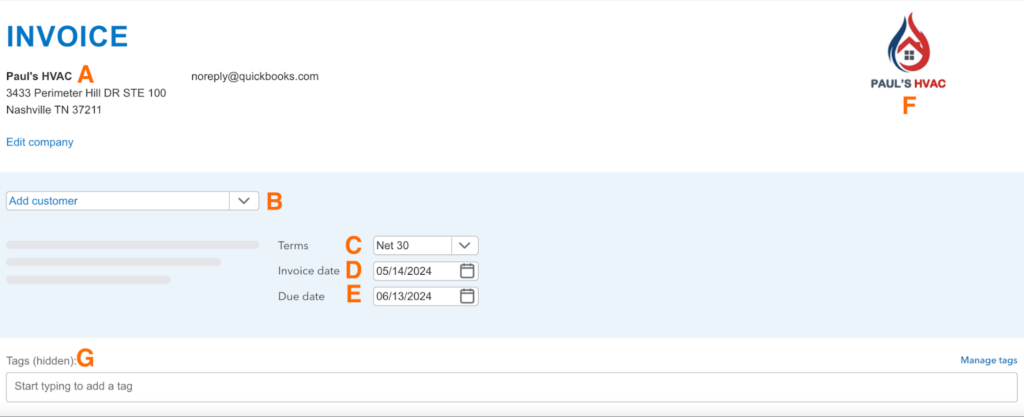 Top half portion of the new QuickBooks invoicing form, showing fields like customer and payment terms